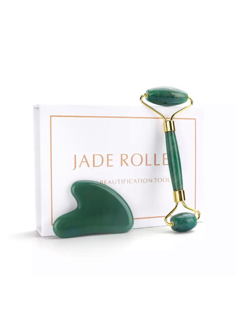 Rouleau de Jade Aventurine avec Gua Sha dans une boîte cadeau / contre les irritations de la peau et l'acné